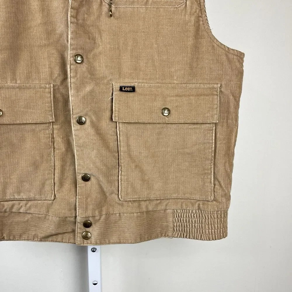 Vintage 70s Lee Corduroy Vest Tan Quilted Lining USA Retro Indie Mens Large